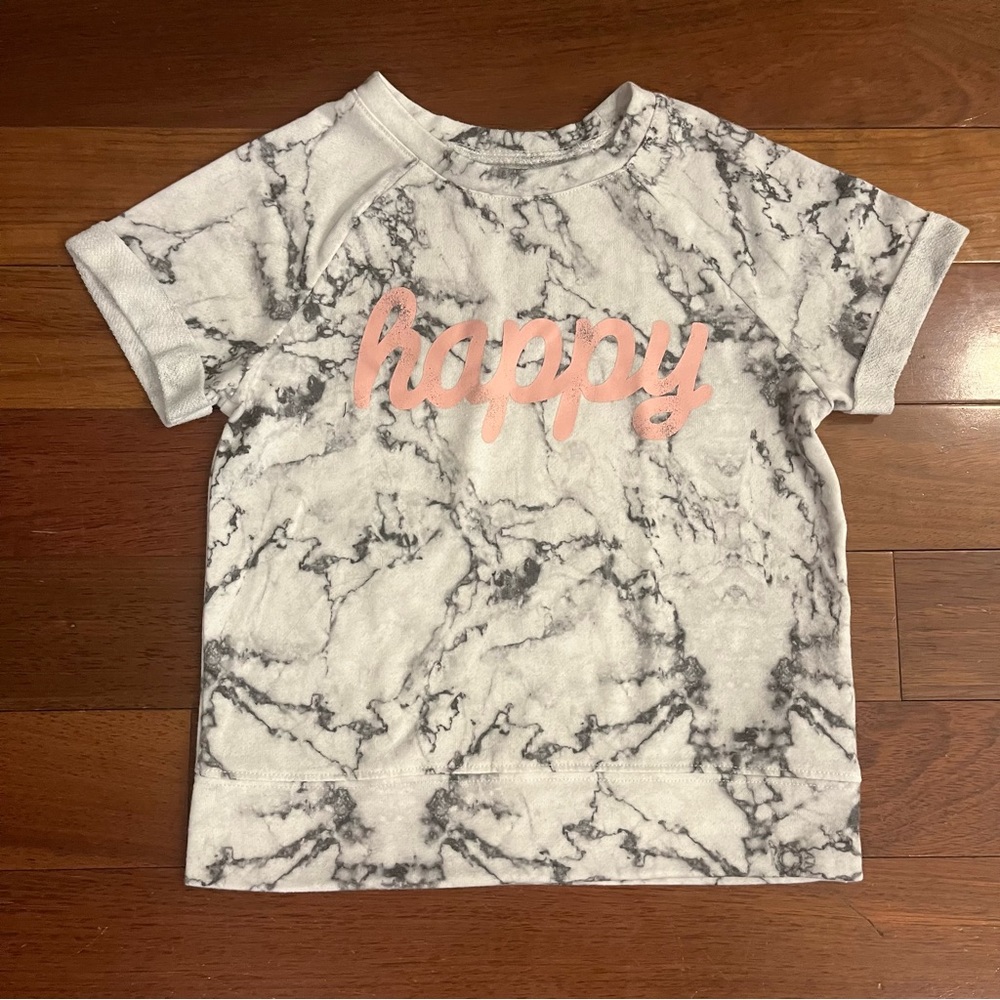 SUMMER CLOSE OUT!! Soft Gray/White Marble “Happy” Sweatshirt. Size: M.